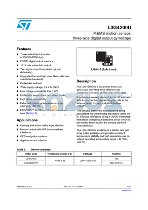 L3G4200DTR datasheet - MEMS motion sensor: three-axis digital output gyroscope