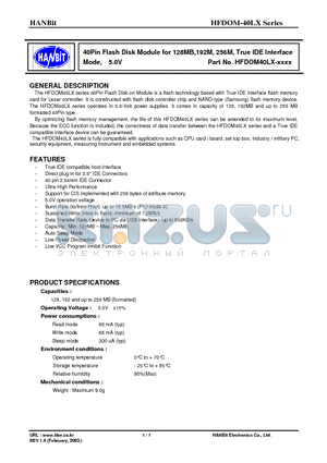 HFDOM-40LX256 datasheet - 40Pin Flash Disk Module for 128MB,192M, 256M, True IDE Interface Mode, 5.0V