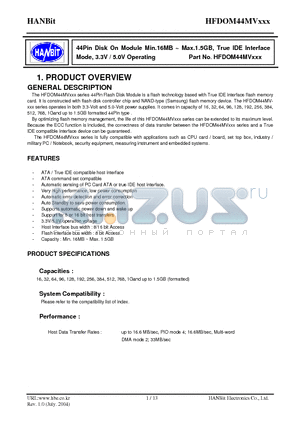 HFDOM44MVXXX datasheet - 44Pin Disk On Module Min.16MB ~ Max.1.5GB, True IDE Interface Mode, 3.3V / 5.0V Operating