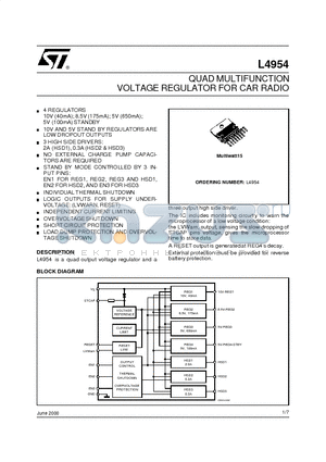 L4954 datasheet - QUAD MULTIFUNCTION VOLTAGE REGULATOR FOR CAR RADIO