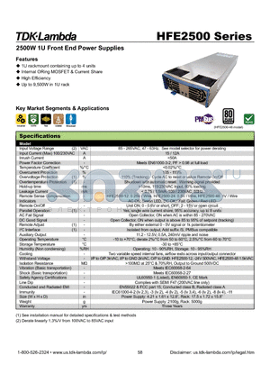 HFE2500-48-S datasheet - 2500W 1U Front End Power Supplies
