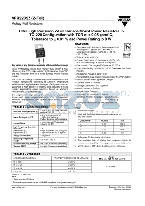 Y16235K00000G9L datasheet - Ultra High Precision Z-Foil Surface Mount Power Resistors in TO-220 Configuration with TCR of a 0.05 ppm/`C,