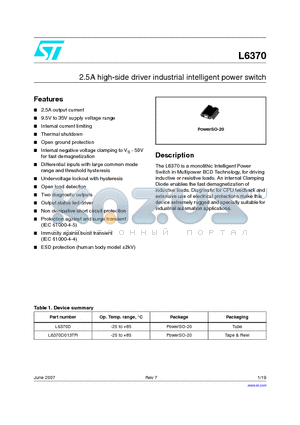 L6370D013TR datasheet - 2.5A high-side driver industrial intelligent power switch