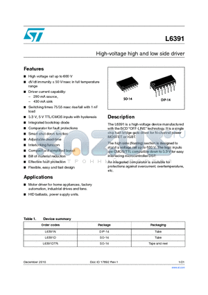 L6391 datasheet - High-voltage high and low side driver