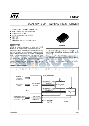 L6452 datasheet - DUAL 13X16 MATRIX HEAD INK JET DRIVER