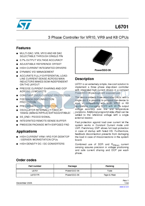 L6701 datasheet - 3 Phase Controller for VR10, VR9 and K8 CPUs