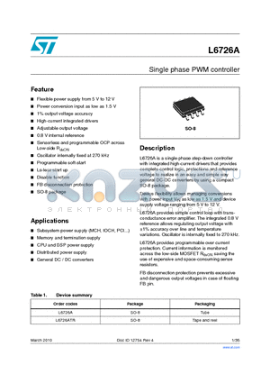 L6726ATR datasheet - Single phase PWM controller
