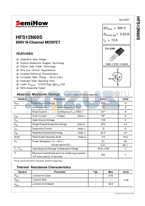 HFS12N60S datasheet - 600V N-Channel MOSFET