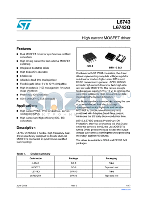 L6743QTR datasheet - High current MOSFET driver