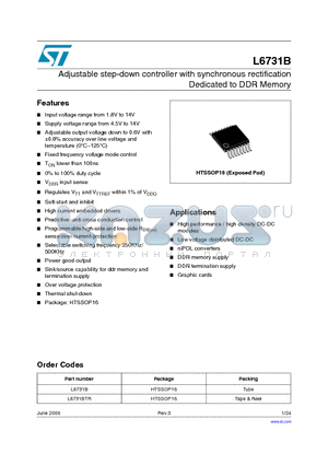 L6731BTR datasheet - Adjustable step-down controller with synchronous rectification Dedicated to DDR Memory