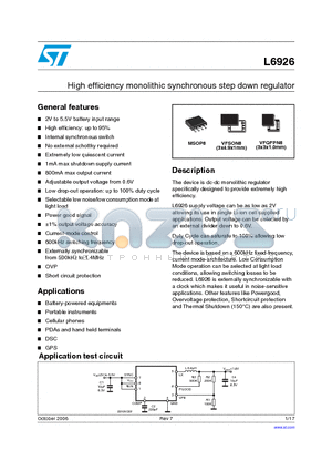 L6926D1 datasheet - High efficiency monolithic synchronous step down regulator