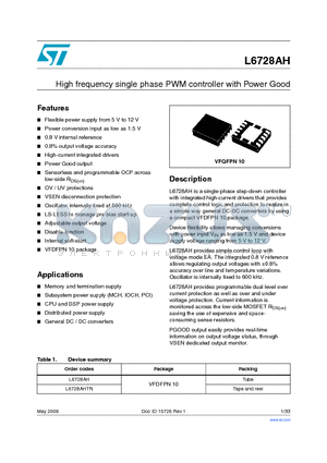 L6728AHTR datasheet - High frequency single phase PWM controller with Power Good