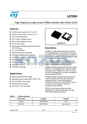 L6728ATR datasheet - High frequency single phase PWM controller with Power Good