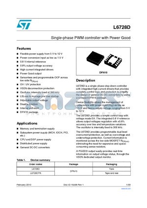 L6728D datasheet - Single-phase PWM controller with Power Good