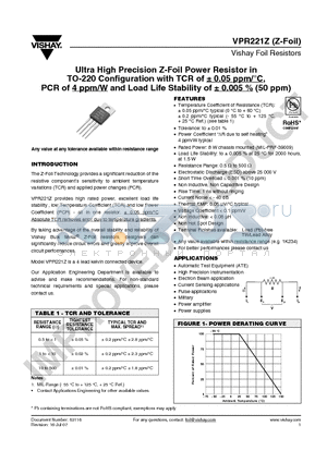 Y1690420R220A0L datasheet - Ultra High Precision Z-Foil Power Resistor in TO-220 Configuration with TCR of a 0.05 ppm/`C,