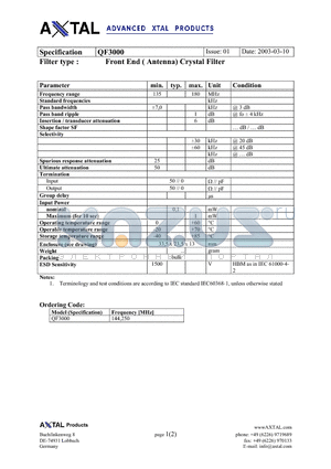 QF3000 datasheet - Front End ( Antenna) Crystal Filter
