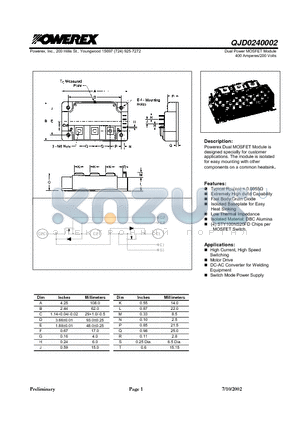 QJD0240002 datasheet - Dual Power MOSFET Module (400 Amperes/200 Volts)