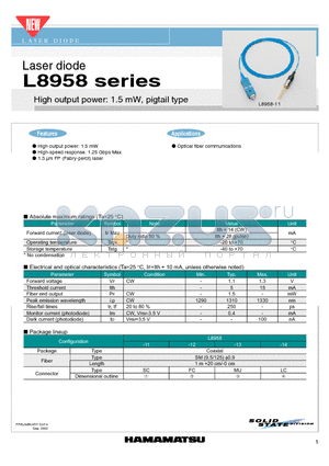 L8958 datasheet - High output power: 1.5 mW,pigtail type