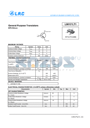 L9013LT1 datasheet - General Purpose Transistors NPN Silicon