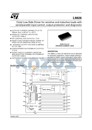 L9826 datasheet - Octal Low-Side Driver for resistive and inductive loads with serial/parallel input control, output protection and diagnostic