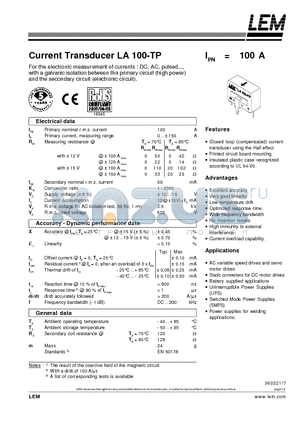 LA100-TP datasheet - Current Transducer