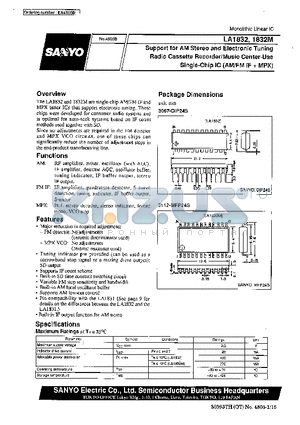 LA1832 datasheet - Support for AM Stereo and Electronic Tuning Radio Cassette Recorder/Music Center-Use Single-Chip IC (AM/FM IF  MPX)