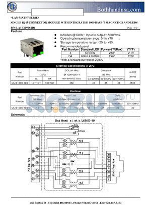 LA1E109D-4D4 datasheet - SINGLE RJ45 CONNECTOR MODULE WITH INTEGRATED 1000 BASE-T MAGNETICS AND LEDS