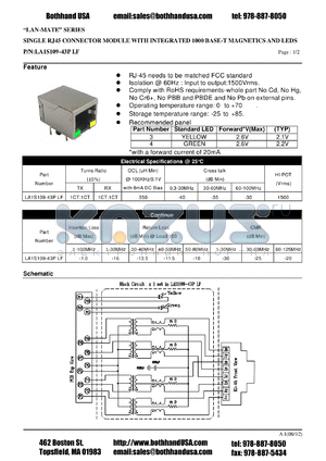 LA1S109-43PLF datasheet - SINGLE RJ45 CONNECTOR MODULE WITH INTEGRATED 1000 BASE-T MAGNETICS AND LEDS