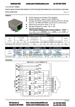 LA1S109-44LF datasheet - SINGLE RJ45 CONNECTOR MODULE WITH INTEGRATED 1000 BASE-T MAGNETICS AND LEDS