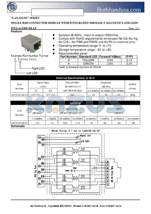 LA1S109-XXLF datasheet - SINGLE RJ45 CONNECTOR MODULE WITH INTEGRATED 1000 BASE-T MAGNETICS AND LEDS