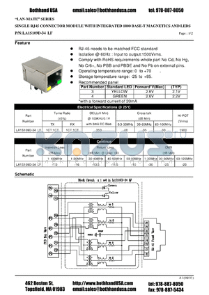 LA1S109D-34LF datasheet - SINGLE RJ45 CONNECTOR MODULE WITH INTEGRATED 1000 BASE-T MAGNETICS AND LEDS