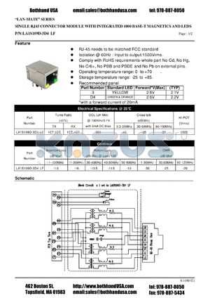 LA1S109D-3D4LF datasheet - SINGLE RJ45 CONNECTOR MODULE WITH INTEGRATED 1000 BASE-T MAGNETICS AND LEDS