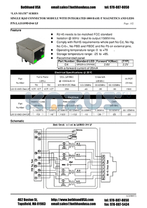 LA1S109D-D44LF datasheet - SINGLE RJ45 CONNECTOR MODULE WITH INTEGRATED 1000 BASE-T MAGNETICS AND LEDS