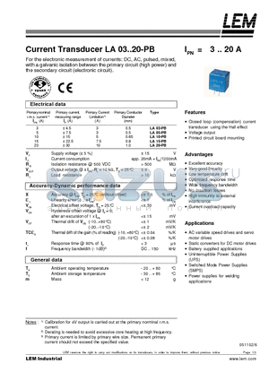 LA20-PB datasheet - Current Transducer