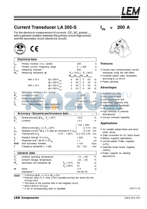 LA205-S datasheet - Current Transducer