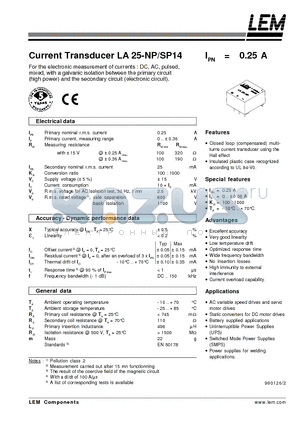 LA25-SP14 datasheet - Current Transducer LA 25-NP/SP14