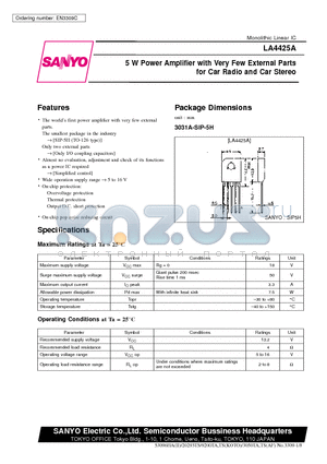 LA4425A datasheet - 5 W Power Amplifier with Very Few External Parts for Car Radio and Car Stereo