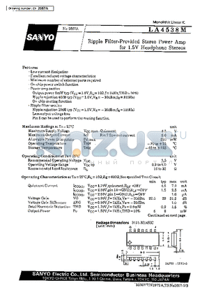 LA4538M datasheet - Ripple Filter-Provided Stereo Power Amp for 1.5V Headphone Stereos