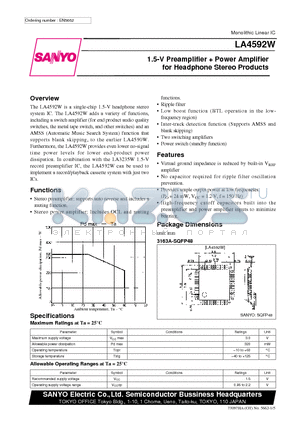 LA4592W datasheet - 1.5-V Preamplifier  Power Amplifier for Headphone Stereo Products