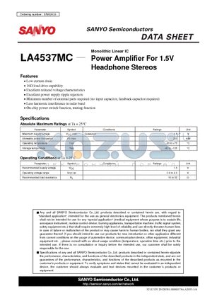 LA4537MC datasheet - Power Amplifier For 1.5V Headphone Stereos