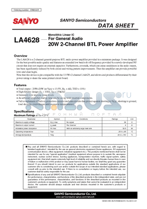 LA4628 datasheet - For General Audio 20W 2-Channel BTL Power Amplifier