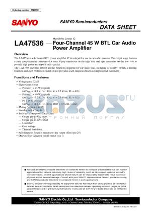 LA47536 datasheet - Four-Channel 45 W BTL Car Audio Power Amplifier