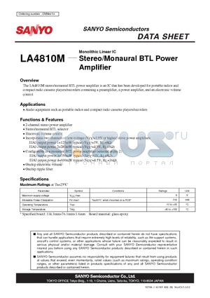LA4810M datasheet - Monolithic Linear IC Stereo/Monaural BTL Power