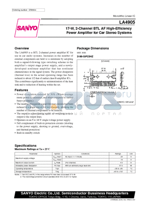 LA4905 datasheet - 17-W, 2-Channel BTL AF High-Efficiency Power Amplifier for Car Stereo Systems