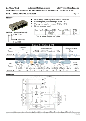 LA4T109-XX datasheet - 1X4 RJ45 CONNECTOR MODULE WITH INTEGRATED 1000 BASE T MAGNETICS & LEDS