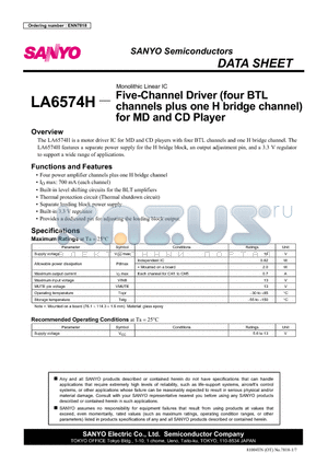 LA6574H datasheet - Five-Channel Driver (four BTL channels plus one H bridge channel) for MD and CD Player