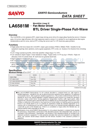 LA6581M datasheet - Fan Motor Driver BTL Driver Single-Phase Full-Wave