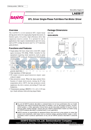 LA6581T datasheet - BTL Driver Single-Phase Full-Wave Fan Motor Driver