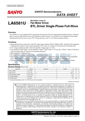 LA6581U datasheet - Fan Motor Driver BTL Driver Single-Phase Full-Wave