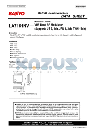 LA7161NV datasheet - VHF Band RF Modulator(SUPPORTS US 3,4CH, JPN 1,2CH, TWN 13CH)